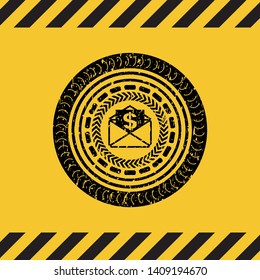 envelope with paper with money symbol inside icon black grunge emblem inside yellow warning sign. Vector Illustration. Detailed.