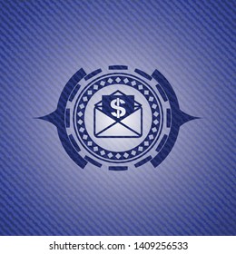 envelope with paper with money symbol inside icon inside badge with denim texture