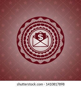 envelope with paper with money symbol inside icon inside red emblem. Vintage.
