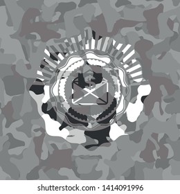 envelope with paper with money symbol inside icon inside grey camouflage emblem