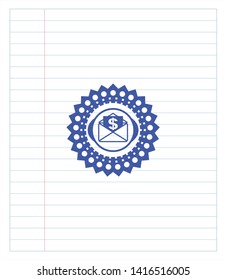 envelope with paper with money symbol inside icon drawn with pen. Blue ink. Vector Illustration. Detailed.