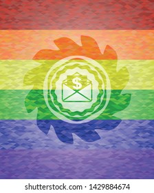envelope with paper with money symbol inside icon on mosaic background with the colors of the LGBT flag