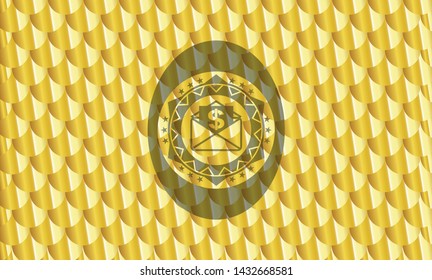 envelope with paper with money symbol inside icon inside golden emblem or badge. Scales pattern. Vector Illustration. Detailed.