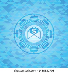 envelope with paper with money symbol inside icon inside realistic sky blue emblem. Mosaic background
