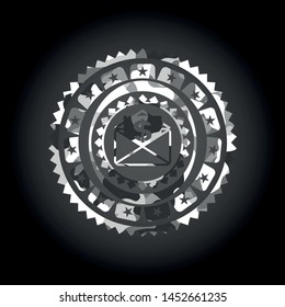 envelope with paper with money symbol inside icon inside grey camouflage emblem