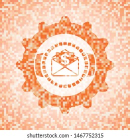 envelope with paper with money symbol inside icon inside orange tile background illustration. Square geometric mosaic seamless pattern with emblem inside.