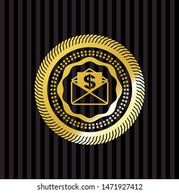 envelope with paper with money symbol inside icon inside gold shiny emblem