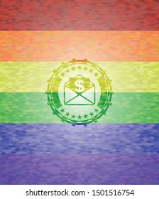 envelope with paper with money symbol inside icon inside lgbt colors emblem 