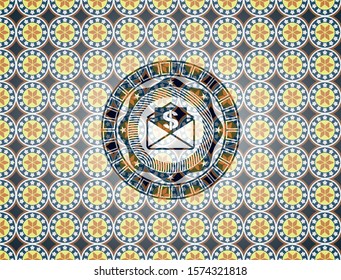 envelope with paper with money symbol inside icon inside arabesque badge background. arabic decoration.