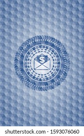 envelope with paper with money symbol inside icon inside blue emblem or badge with abstract geometric polygonal pattern background.