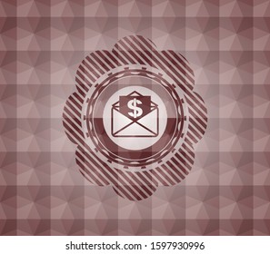 envelope with paper with money symbol inside icon inside red geometric pattern emblem. Seamless.