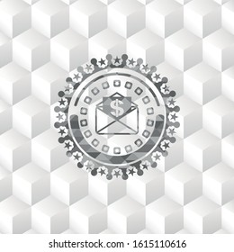 envelope with paper with money symbol inside icon inside grey emblem. Vintage with geometric cube white background