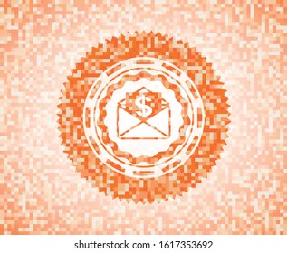 envelope with paper with money symbol inside icon inside orange tile background illustration. Square geometric mosaic seamless pattern with emblem inside.