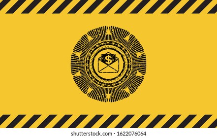 envelope with paper with money symbol inside icon inside warning sign, black grunge emblem. Vector Illustration. Detailed.