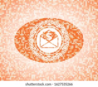 envelope with paper with money symbol inside icon inside abstract emblem, orange mosaic background