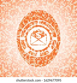 envelope with paper with money symbol inside icon inside abstract emblem, orange mosaic background