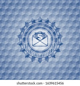 envelope with paper with money symbol inside icon inside blue polygonal emblem.