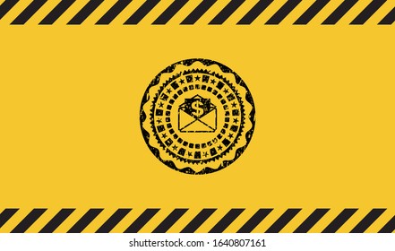 envelope with paper with money symbol inside icon inside warning sign, black grunge emblem. Vector Illustration. Detailed.