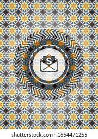 envelope with paper with money symbol inside icon inside arabesque emblem. arabic decoration.