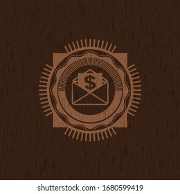 envelope with paper with money symbol inside icon inside wood emblem. Retro
