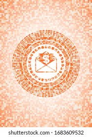 envelope with paper with money symbol inside icon inside orange tile background illustration. Square geometric mosaic seamless pattern with emblem inside.