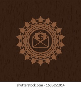 envelope with paper with money symbol inside icon inside wood badge or emblem