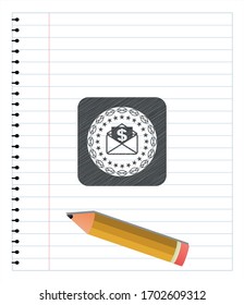 envelope with paper with money symbol inside icon pencil strokes emblem. Vector Illustration. Detailed. 