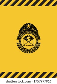 envelope with paper with money symbol inside icon inside warning sign, black grunge emblem. Vector Illustration. Detailed. 