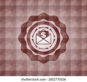 envelope with paper with money symbol inside icon inside red seamless geometric badge. 