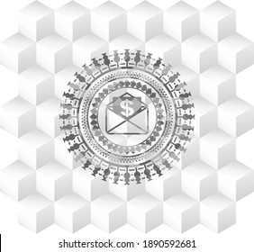 envelope with paper with money symbol inside icon inside grey icon or emblem with geometric cube white background. 