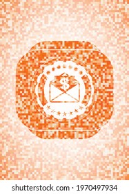 envelope with paper with money symbol inside icon inside orange tile background illustration. Square geometric mosaic seamless pattern with emblem inside. 