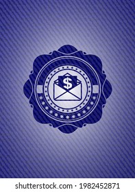 envelope with paper with money symbol inside icon inside badge with jean texture. 