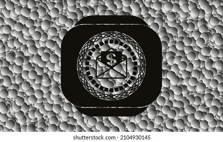 sobre con papel con símbolo de dinero dentro del icono dentro del emblema oscuro con fondo de burbujas. Retro. Ilustración vectorial. Detallado. 