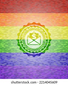 envelope with paper with money symbol inside icon on mosaic background with the colors of the LGBT flag. 