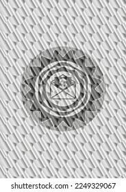 envelope with paper with money symbol inside icon inside silver color badge or emblem. Scales pattern. Vector Illustration. Detailed. 