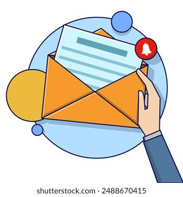 Envelope with Paper and Notification Sign. Newsletter Concept. subscribe to the newsletter. Vector illustration for marketing and online business. Template for letters and newsletters.