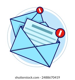 Envelope with Paper and Notification Sign. Newsletter Concept. subscribe to the newsletter. Vector illustration for marketing and online business. Template for letters and newsletters.