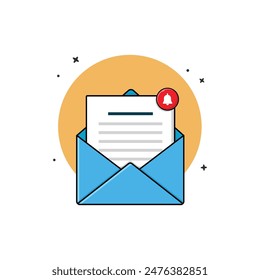 Envelope with Paper and Notification Sign Vector Illustration. Newsletter Concept Design