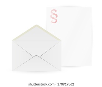envelope and paper with paragraph on white background