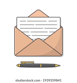Envelope With Paper And Pen Vector Icon Illustration. Mail Envelope And Pen Flat Icon