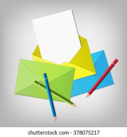 envelope with paper and pencil, vector illustration