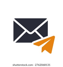 Envelope paper plane icon sends email, modern flat graphic with orange accent, symbolizes quick message transmission, notification