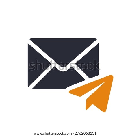 Envelope paper plane icon sends email, modern flat graphic with orange accent, symbolizes quick message transmission, notification