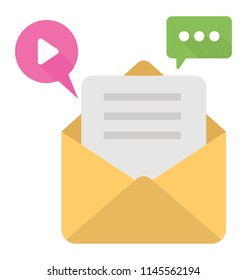 An envelope with paper sheet, message bubble and video sign representing email marketing