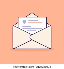 envelope with paper and text in cartoon style, flat icon