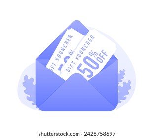 Envelope with paper vouchers. Coupon promotion sale for website, internet ads, social media. Big sale with exclusive offer up to 50 percent off discount, gift voucher coupon. Vector illustration