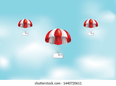 Envelope with parachute in the sky with flying plane and clouds on background.