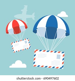 envelope with parachute in the sky with flying plane and clouds on background, flat design vector for airmail concept
