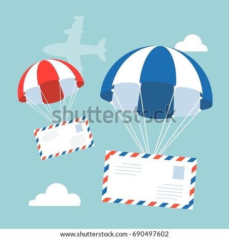 envelope with parachute in the sky with flying plane and clouds on background, flat design vector for airmail concept