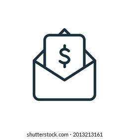 Envelope with Payment Bill linear Icon. Dollar Bill Line Pictogram. Financial Reward, Payment and Transfer Icon. Opened Envelope with Money. Editable stroke. Vector illustration.